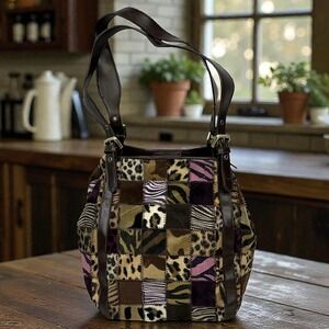Bueno Shoulder Bag Womens Brown Patchwork Animal Print Faux Fur Tote Bucket